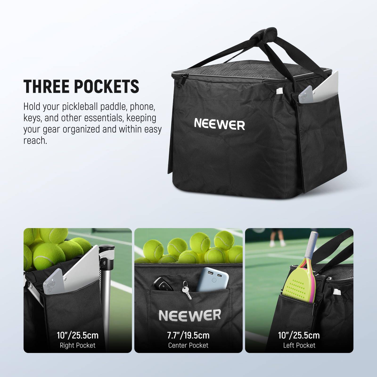 THREE POCKETS  
Hold your pickleball paddle, phone, keys, and other essentials, keeping your gear organized and within easy reach.

NEEWER  
10"/25.5cm Right Pocket  
7.7"/19.5cm Center Pocket  
10"/25.5cm Left Pocket