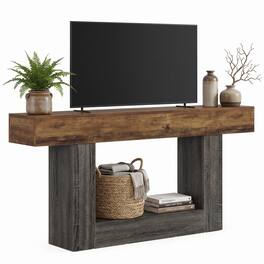 Tribesigns - 63-Inch Farmhouse TV Stand with Two-Tone Wood-Grain Finish and Open Storage for TVs up to 65 Inches - Brown & Grey