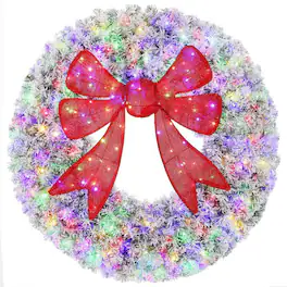 PULUZ - 60in Flocked Pre-Lit Christmas Wreath with 3D Red Bow, 11 Lighting Modes, Front Door Christmas Wreath with Remote - Green