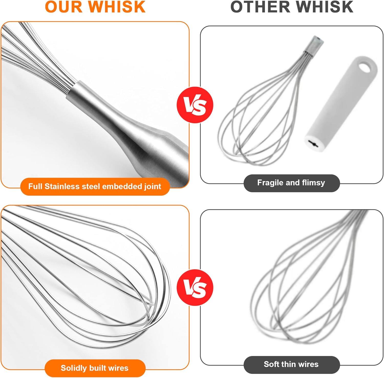 **OUR WHISK**

- Full Stainless steel embedded joint
- Solidly built wires

**VS**

**OTHER WHISK**

- Fragile and flimsy
- Soft thin wires