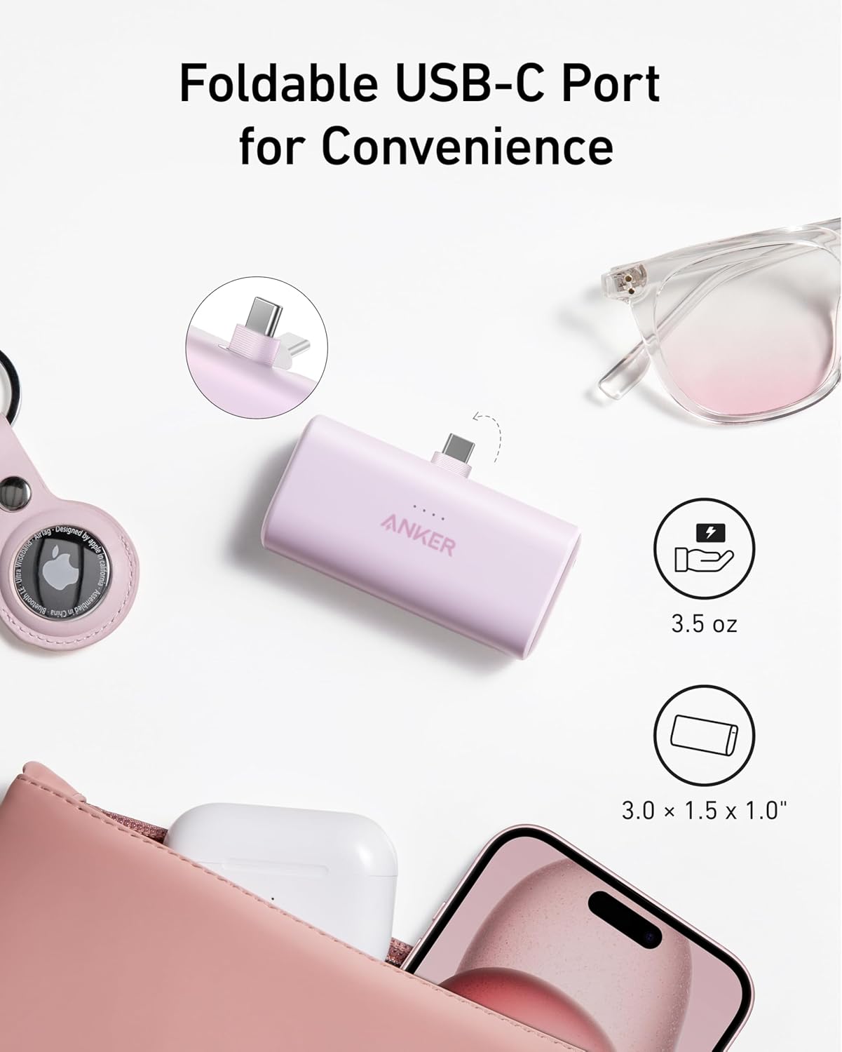 Foldable USB-C Port for Convenience

3.5 oz

3.0 x 1.5 x 1.0"