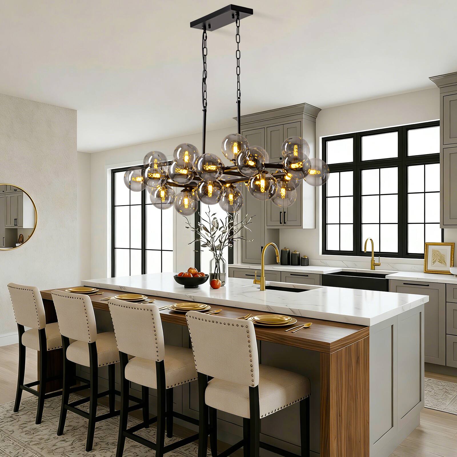 Left. Siljoy - 47 Inch 24 Lights Luxury Smoke Globe Linear Molecular Chandelier for  Island Dining Room Living Room and Foyer - smoky gray.
