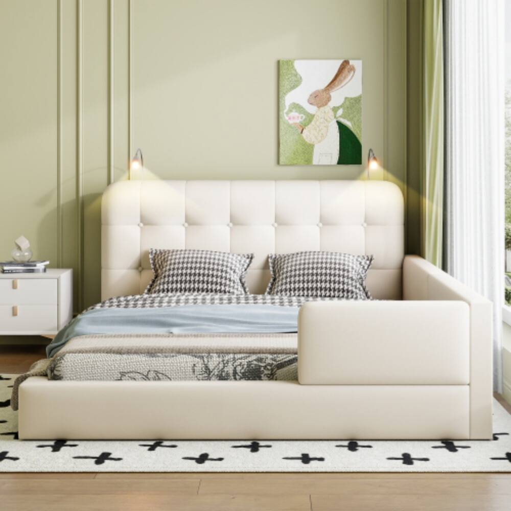 Angle. LUCKY ONE - Queen Size Upholstered Platform Bed with 2 Reading Lights, PU Leather, Wood Slats, No Box Spring Needed - White.