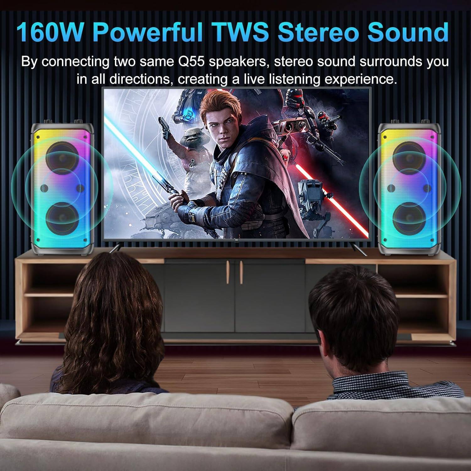 160W Powerful TWS Stereo Sound

By connecting two same Q55 speakers, stereo sound surrounds you in all directions, creating a live listening experience.