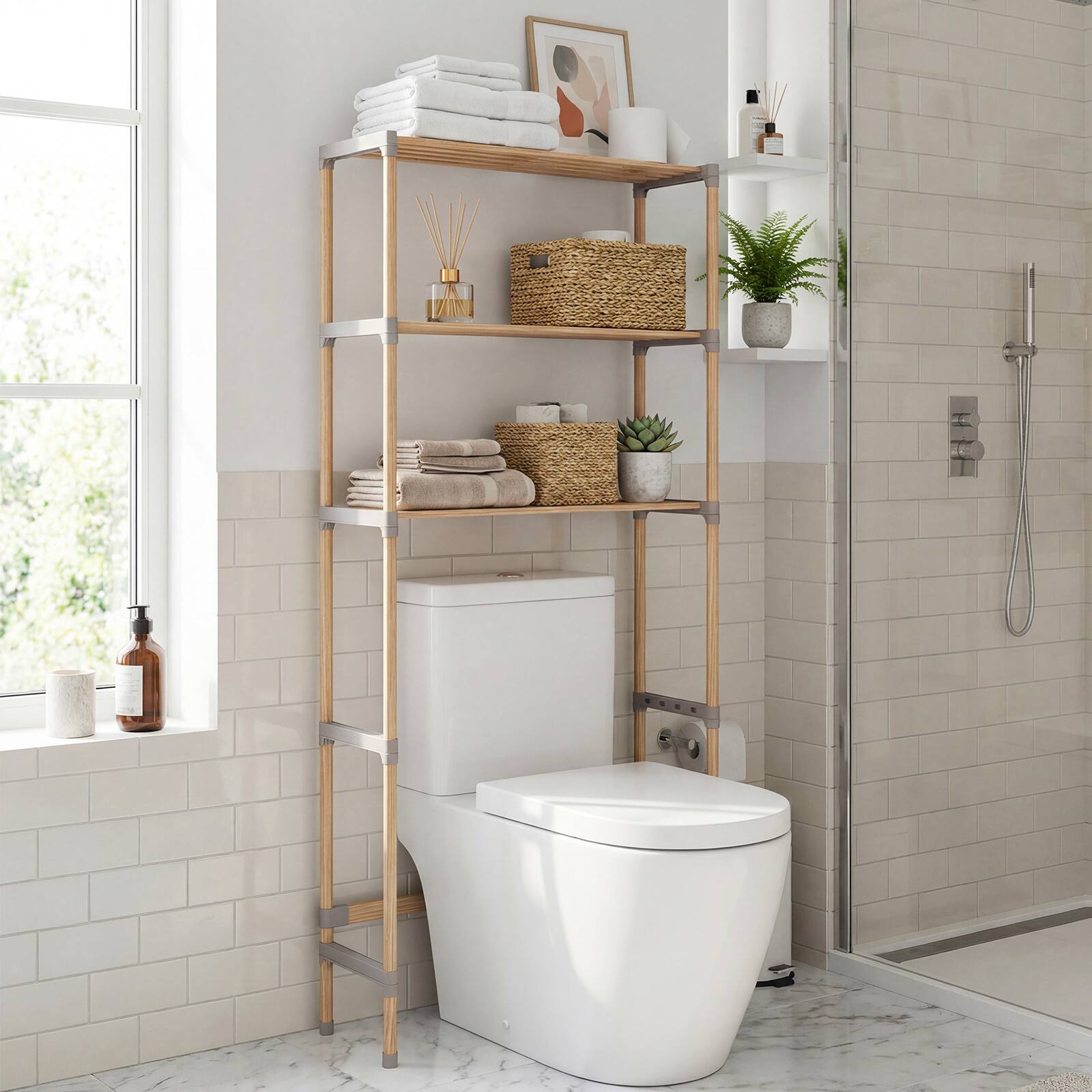 Alt View 3. Gymax - Gymax Over The Toilet Storage Rack 3-Tier Pine Wood Bathroom Organizer w/ Open Shelves - Grey.
