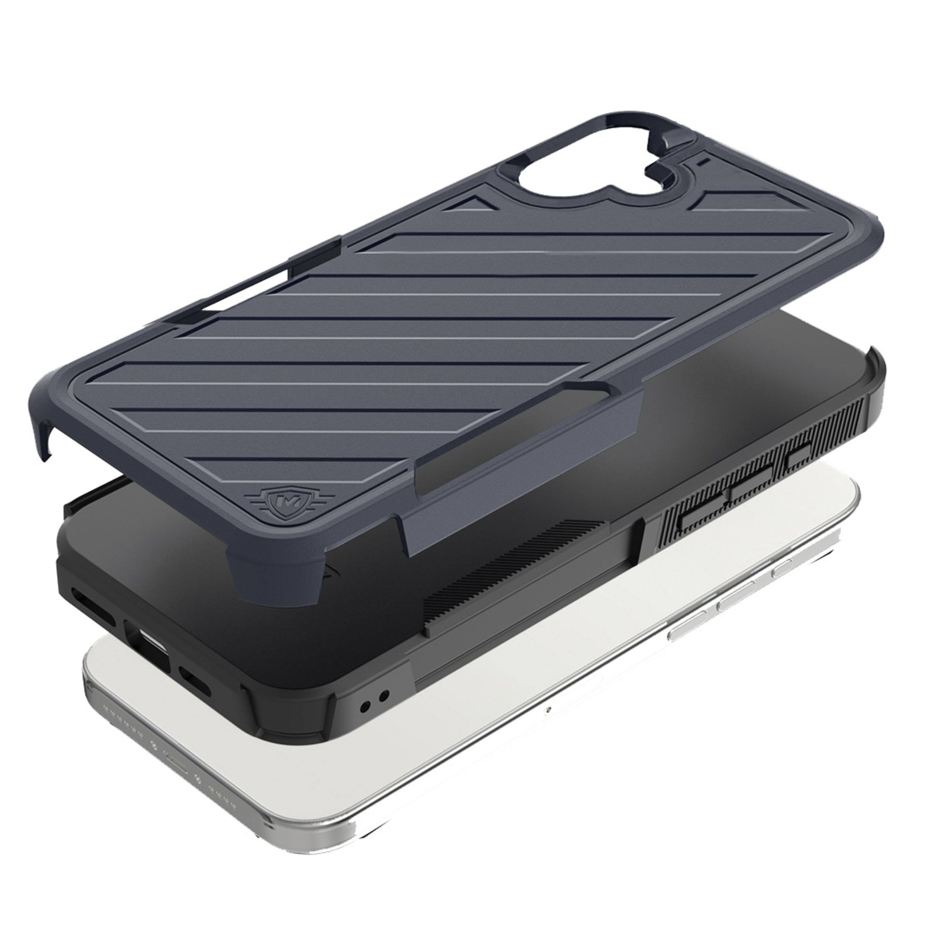 Left. Kitcheniva - Shockproof Dual Layer Lined Phone Case With Tempered Glass For iPhone 16 Plus Blue/Black - Blue/Black.