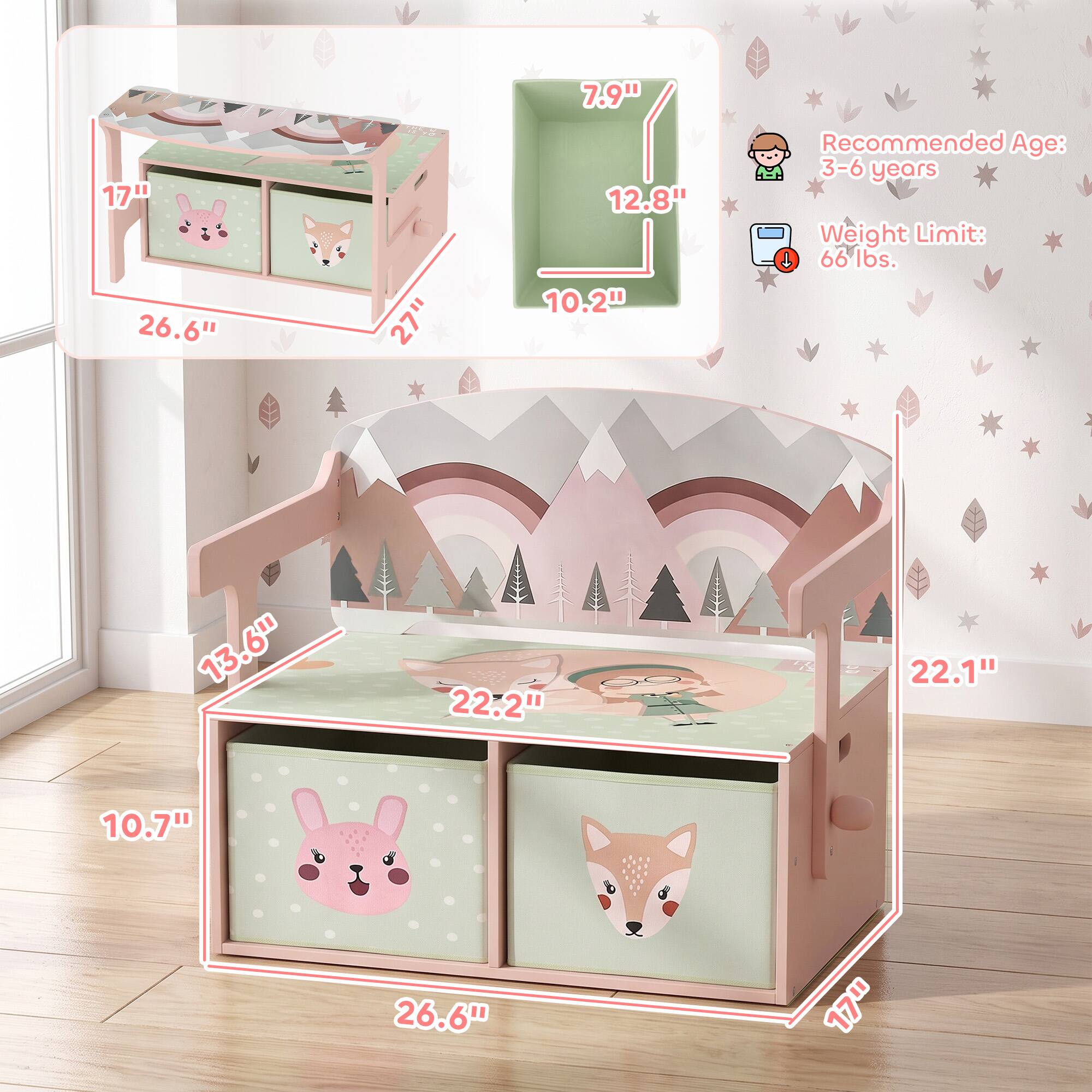 Qaba Toy Box Chest, 3 in 1 Convertible Storage Chest with 2 Non Woven ...