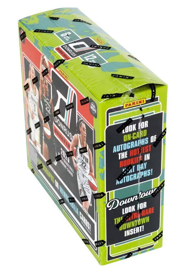 Sure, here is the corrected and grouped text from the image:

---

**Top Left:**
- PANINI
- DONRUSS
- 2025
- BASKETBALL
- 2025
- EVER
- LOOK FOR ON-CARD AUTOGRAPHS OF THE HOTTEST ROOKIE DAY AUTOGRAPHS!

**Top Right:**
- PANINI
- LOOK FOR ON-CARD AUTOGRAPHS OF THE HOTTEST ROOKIE DAY AUTOGRAPHS!

**Middle Left:**
- PANINI
- DONRUSS
- 2025
- EVER
- 22
- LOOK FOR THE ULTRA-RARE DOWNTOWN INSERT!

**Middle Right:**
- PANINI
- DOWNTOWN
- LOOK FOR THE ULTRA-RARE DOWNTOWN INSERT!

**Bottom:**
- PANINI
- 6 PACK
- 6 PACK
- PANINI
- PANINI
- PANINI
- PANINI
- PANINI
- PANINI
- PANINI
- PANINI
- PANINI
- PANINI
- PANINI
- PANINI
- PANINI
- PANINI
- PANINI
- PAN