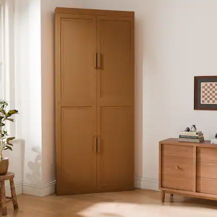 Front. PexFix - 72" Farmhouse Corner Accent Storage Cabinet with Solid Wood Doors and Adjustable Shelves for Space-Saving - Natural.