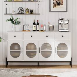 Qeetex - 62" Large Sideboard Buffet Cabinet with 3 Drawers &4 Glass Doors - White
