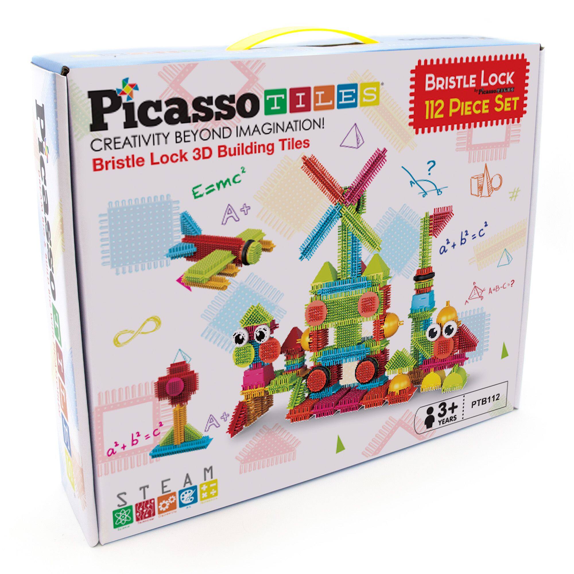 Picasso Tiles  
Creativity Beyond Imagination!  
Bristle Lock 3D Building Tiles  
112 Piece Set  
Bristle Lock  
E=mc²  
a² + b² = c²  
STEAM  
3+ Years  
PTB112