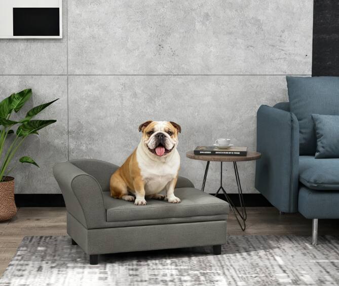 Siljoy - Pet Sofa with Hidden Storage, 3‑Inch Tufted Cushion & Backrest for Small Dogs, Wooden Frame - Gray