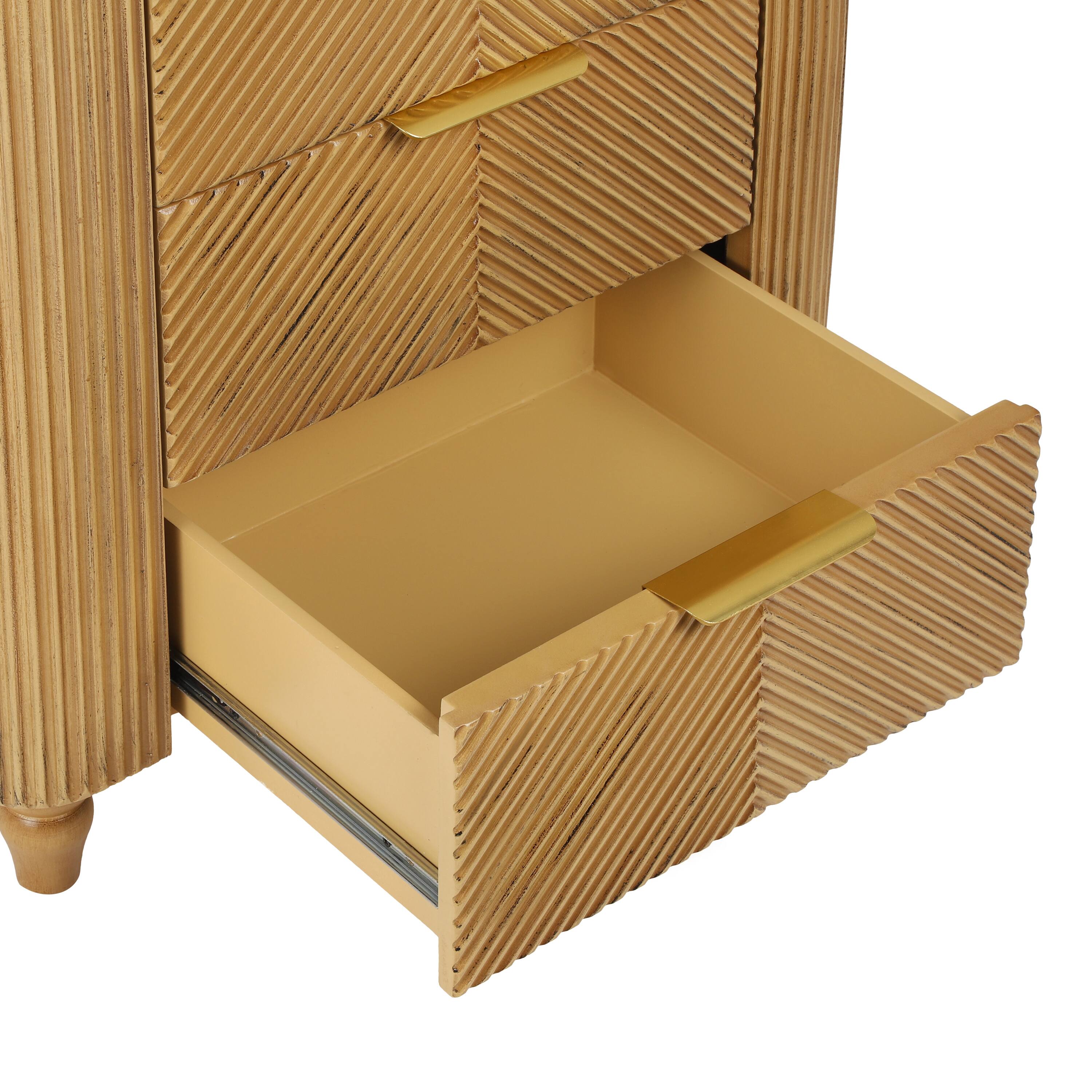 Alt View 2. Whisen - Mid-Century Fluted 3-Drawer Nightstand,Bedside Table with Curved Profile and Gold Glossy Handles - Natural.