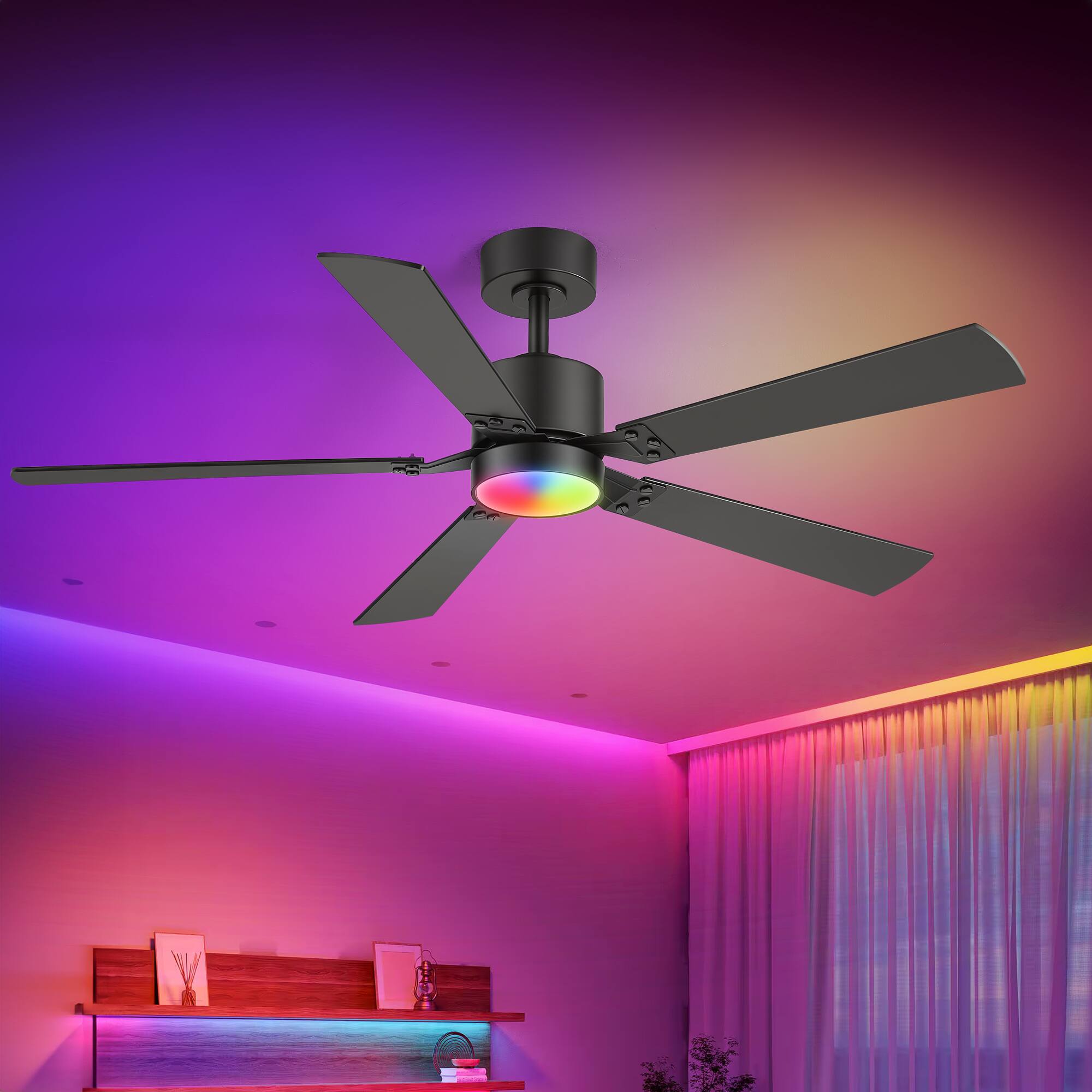 Left. Breezary - 52-Inch RGB Ceiling Fan with Downrod, Acrylic Light Shade, LED Adjustable Light, RGB Color Cycle, 6-Speed Remote Control - Black and Walnut.