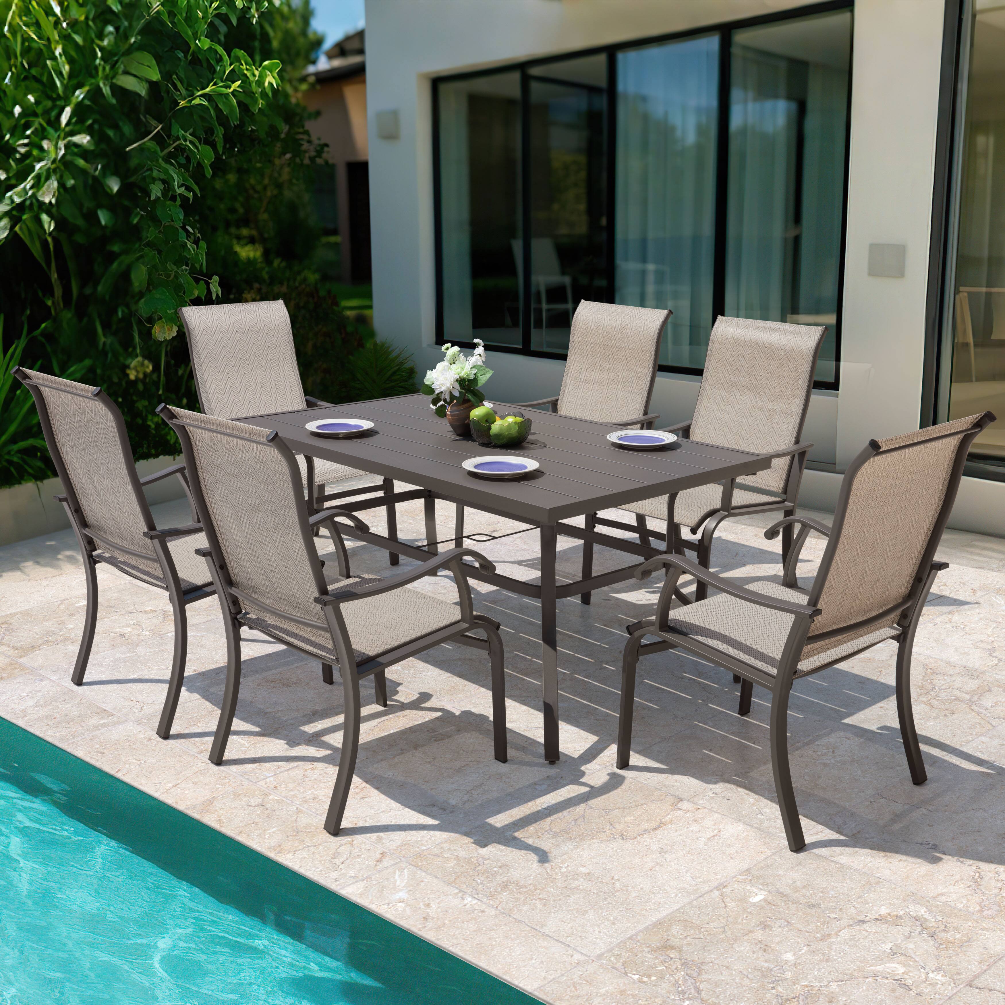 Angle. Nuu Garden - Patio Metal Textilene Dining Set of 7 with Umbrella Hole and High Backrest - Beige and Gray.