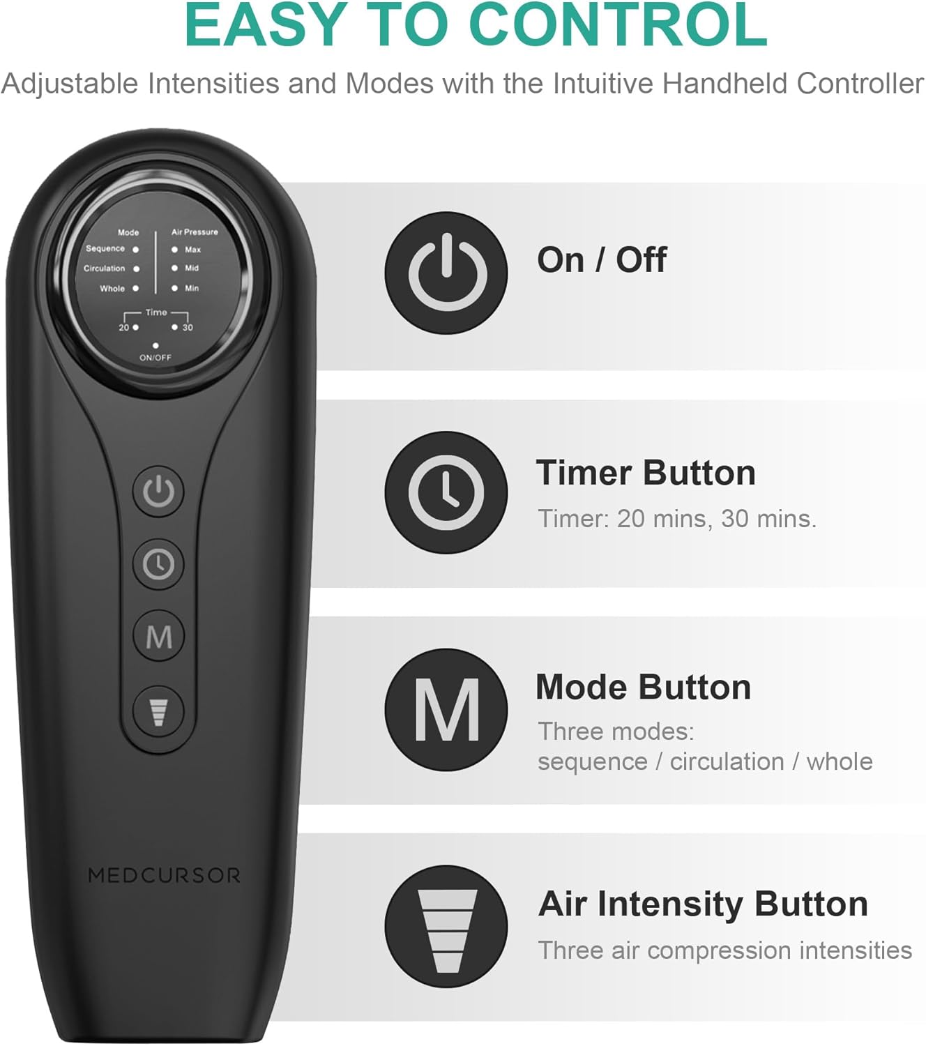EASY TO CONTROL Adjustable Intensities and Modes with the Intuitive Handheld Controller On / Off Timer Button Timer: 20 mins, 30 mins. Mode Button Three modes: sequence / circulation / whole Air Intensity Button Three air compression intensities