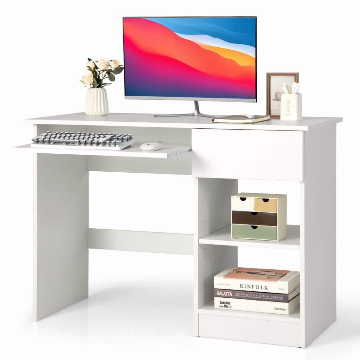Pefilos - Wooden Computer Desk with CPU Stand- Office Desk, Gaming Computer Desks for Study,Working,Writing - White