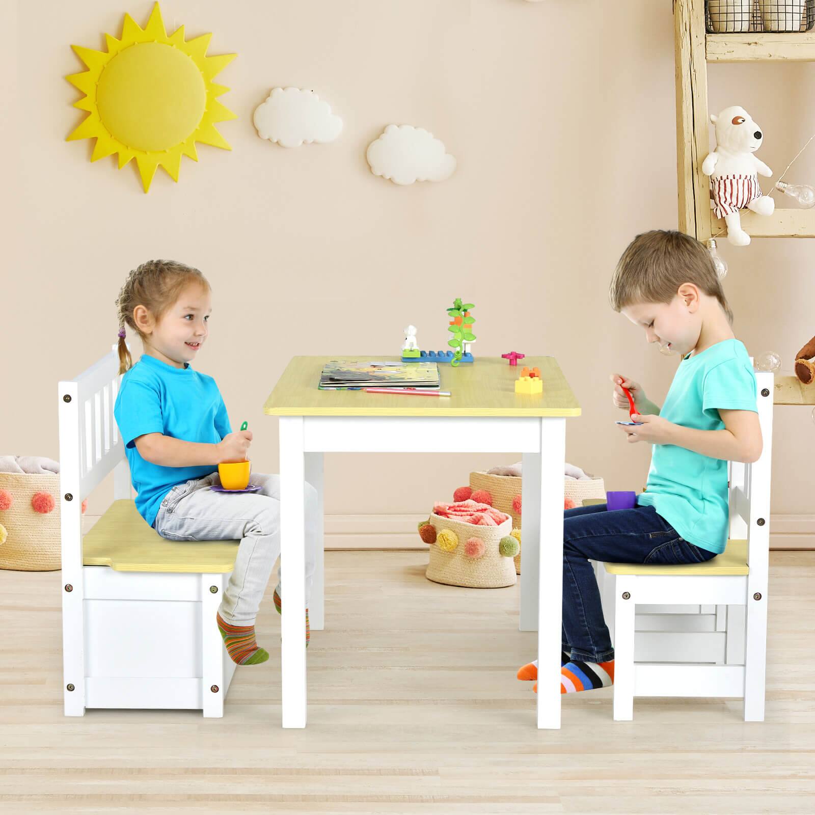 Alt View 3. Costway - Costway 4 PCS Kids Wooden Activity Table & Chairs Set with Storage Bench Study Desk - Natural,White.
