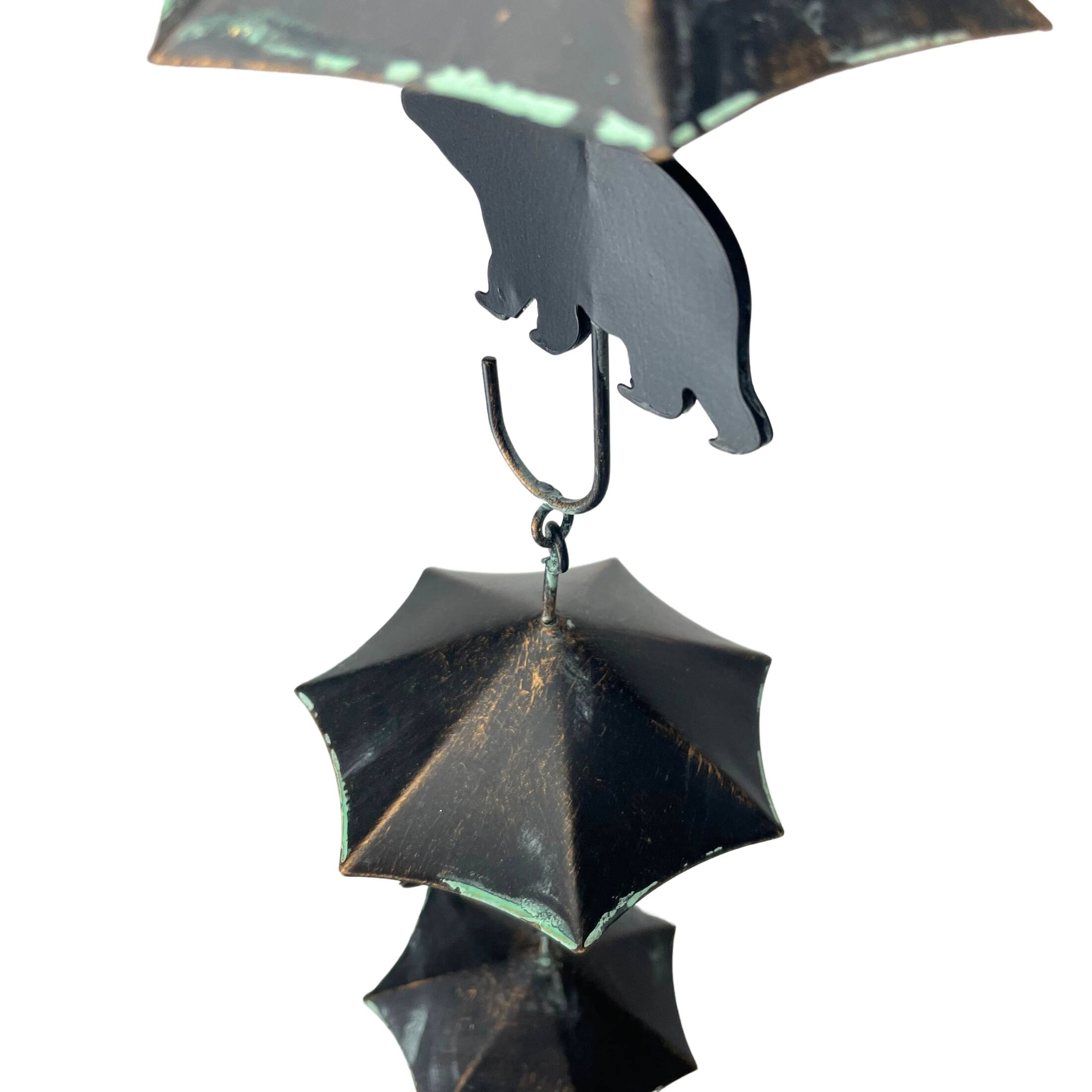 Alt View 5. Things2Die4 - Rustic Black Bear & Umbrella Rain Chain - 75" Long Distressed Verdigris Finish - Black.