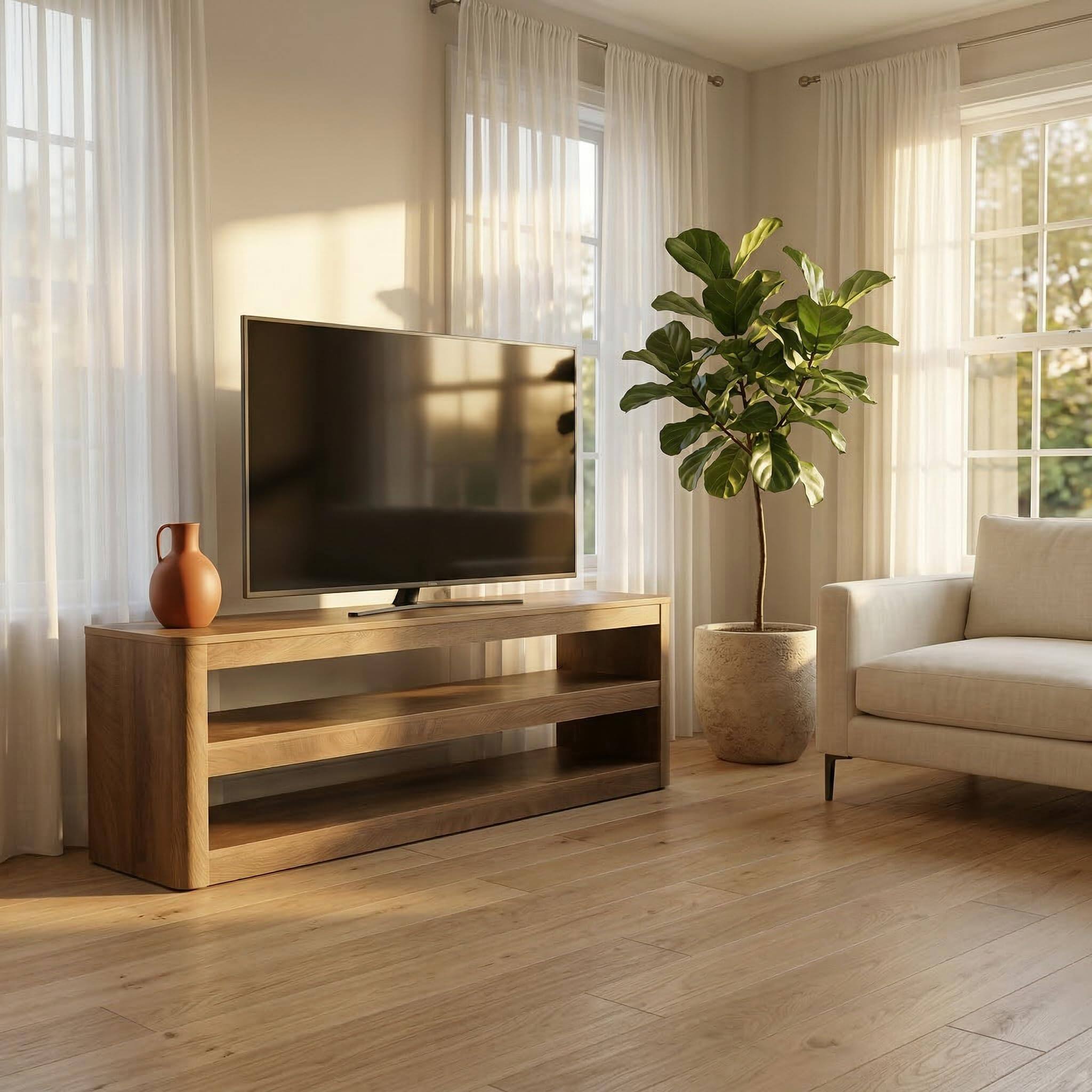 Alt View 2. Tribesigns - 55-Inch TV Stand for TVs up to 70 Inches, Farmhouse Entertainment Center with 3 Open Storage Shelves and Rounded Corners - Walnut Brown.
