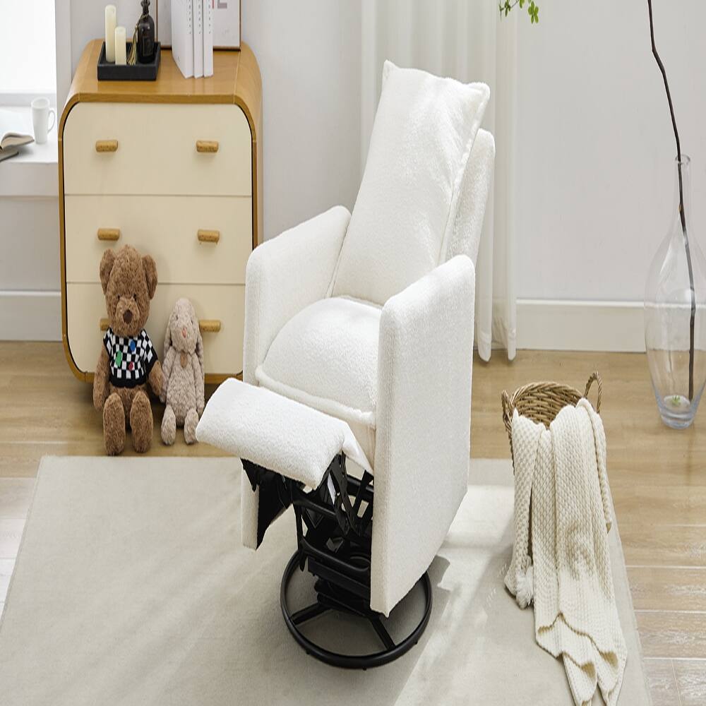 Back. Loheer - Loheer White Teddy Fleece Swivel Rocker Recliner Chair, Nursery Glider Rocking Chair for Living Room Bedroom - White.