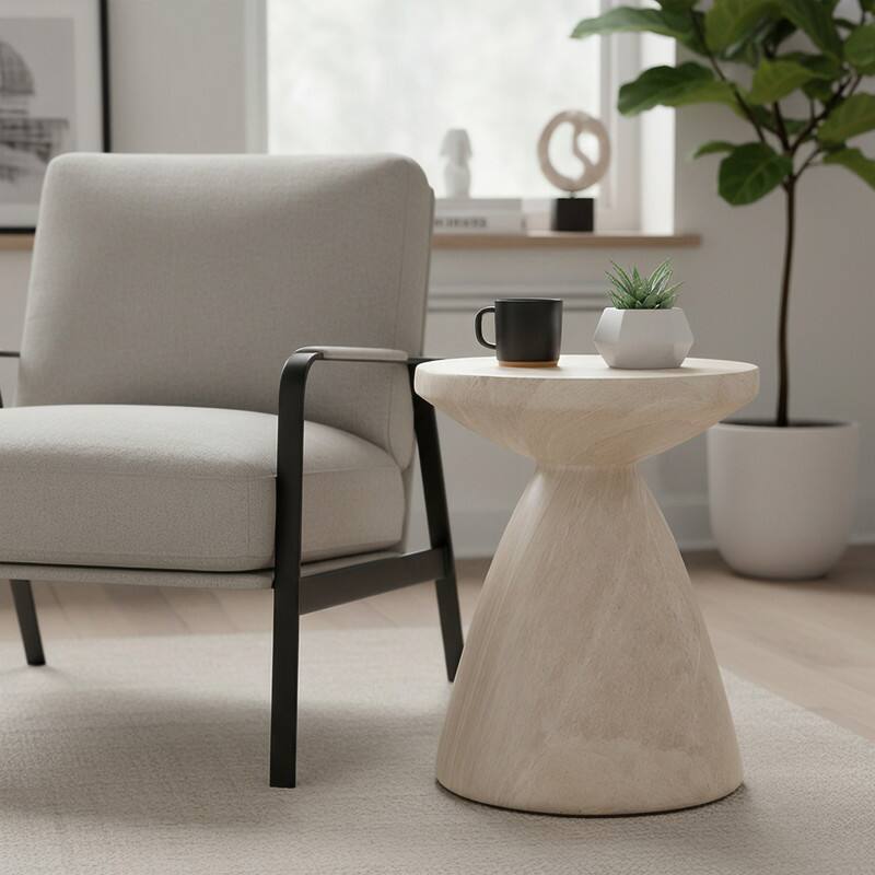 Left. LeisureMod - Dune 17" Round Fiberstone Side Table - Modern Indoor/Outdoor Weather Resistant Accent Table, No Assembly - Stone Marble.