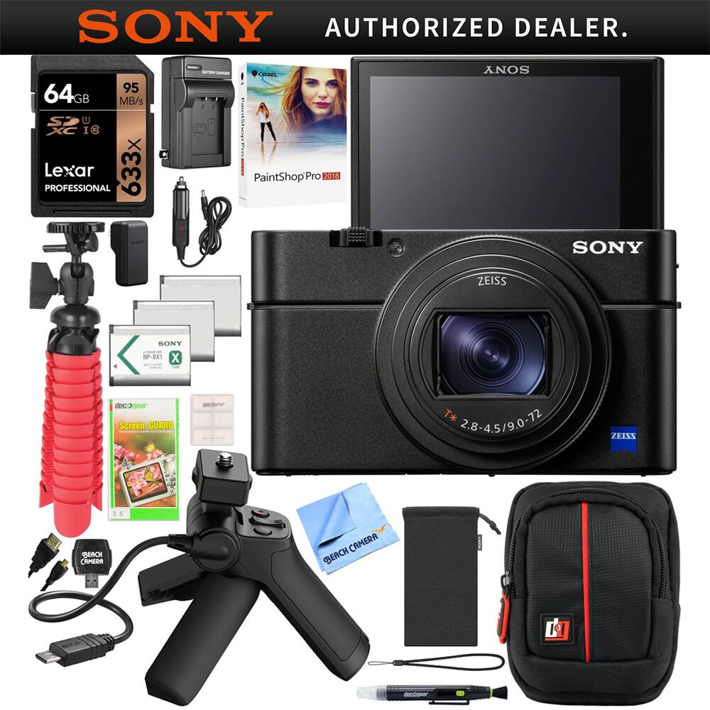SONY AUTHORIZED DEALER.

- 64GB Lexar Professional 633x SDXC U3
- 95 MB/s
- PaintShop Pro 2018 Professional
- SONY NP-8X1 Battery
- Screen Guard
- Zeiss T* 2.8-4.5/9.0-72 Lens
- Sony Camera Bag
- Various accessories including a tripod, camera mount, USB cable, and cleaning cloth.