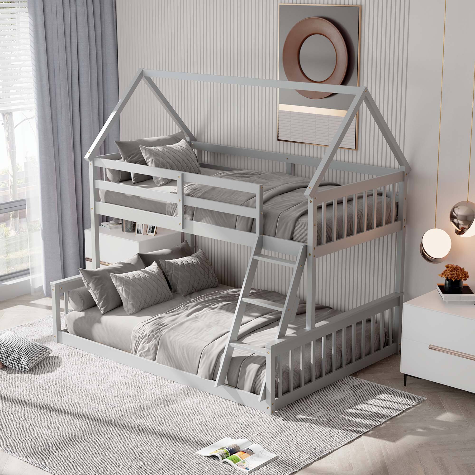 Alt View 4. Costway - Costway Twin Over Full House Bunk Bed with Ladder & Guardrails Convertible to 2 Beds - Grey.