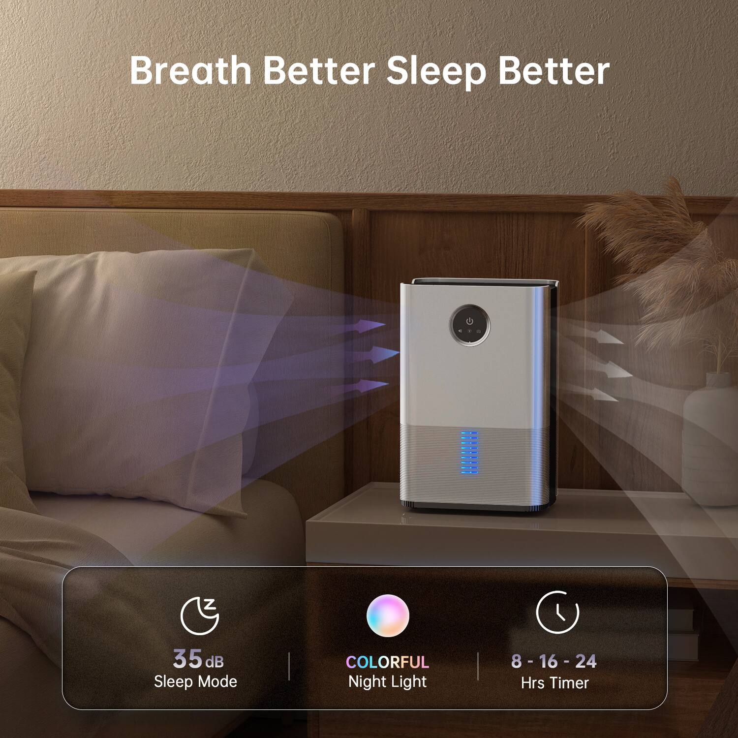 Breath Better Sleep Better

35 dB Sleep Mode  
COLORFUL Night Light  
8 - 16 - 24 Hrs Timer