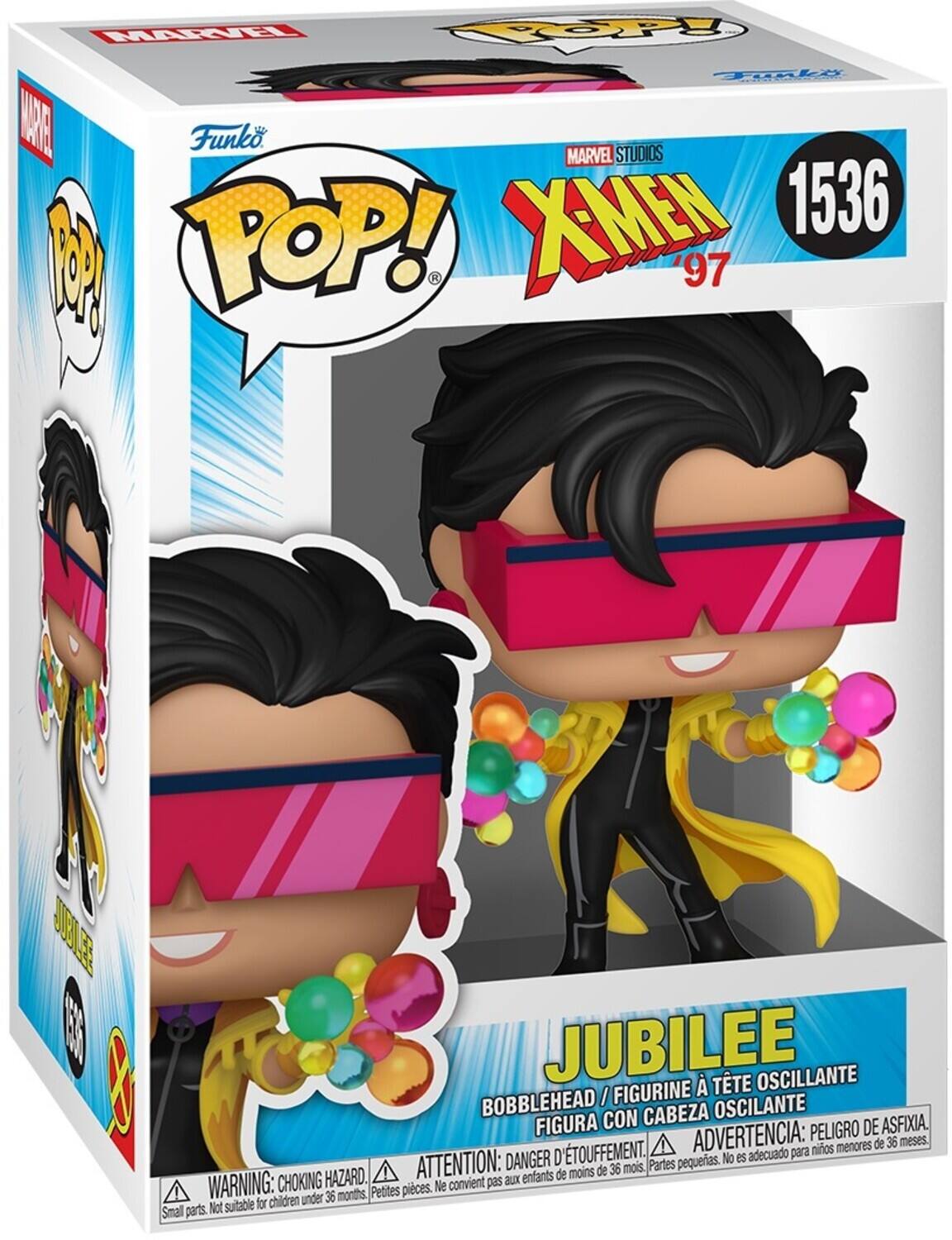 MARVEL STUDIOS  
X-MEN '97  

Funko POP!  

1536  

JUBILEE  
BOBBLEHEAD / FIGURINE À TÊTE OSCILLANTE  
FIGURA CON CABEZA OSCILANTE  

WARNING: CHOKING HAZARD.  
ATTENTION: DANGER D'ÉTOUFFEMENT.  
ADVERTENCIA: PELIGRO DE ASFIXIA.  
Small parts. Not suitable for children under 36 months.  
Petites pièces. Ne convient pas aux enfants de moins de 36 mois.  
Partes pequeñas. No es adecuado para niños menores de 36 meses.