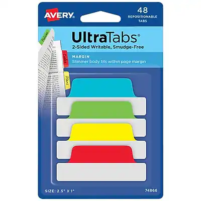 AVERY
48 REPOSITIONABLE TABS
UltraTabs
2-Sided Writable, Smudge-Free
MARGIN
Slimmer body fits within page margin
SIZE: 2.5" x 1"
74866