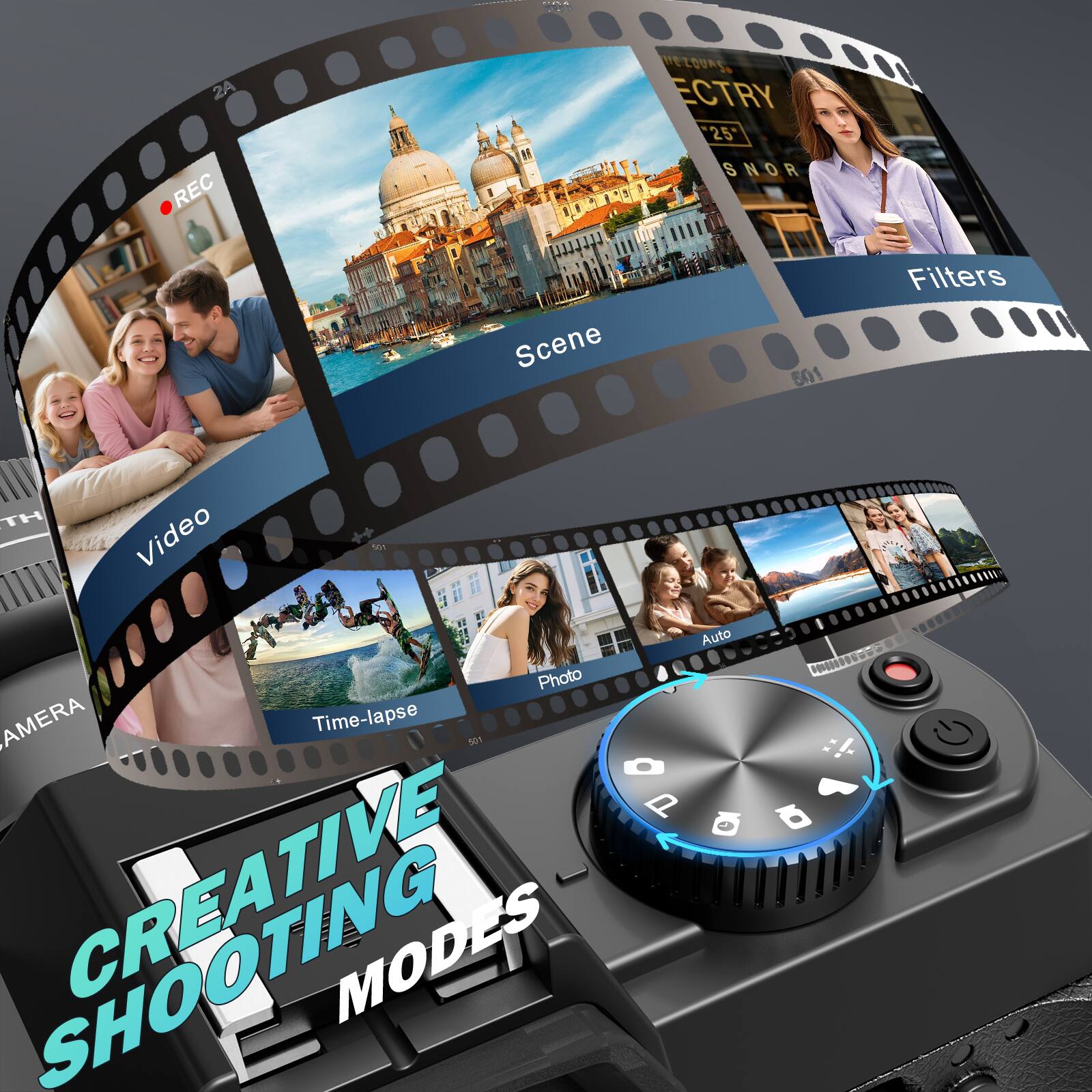 2A REC  
IICZOURSON ECTRY, "25" SNOR Scene 501  
Filters  
TH Video Photo AMERA Time-lapse 501 CREATIVE MODES  
Auto