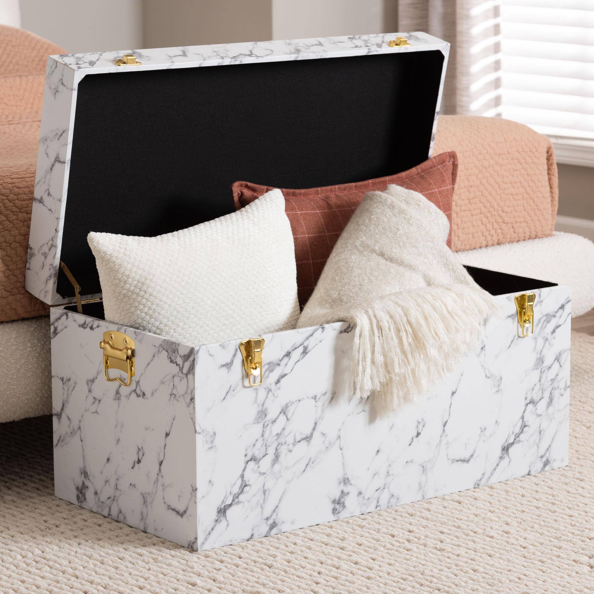 Alt View 5. Baxton Studio - Brenta Storage Trunk with Lift-Top Lid - Decorative Organizer Chest with Faux Marble Effect, Storage Solution - Marble White.