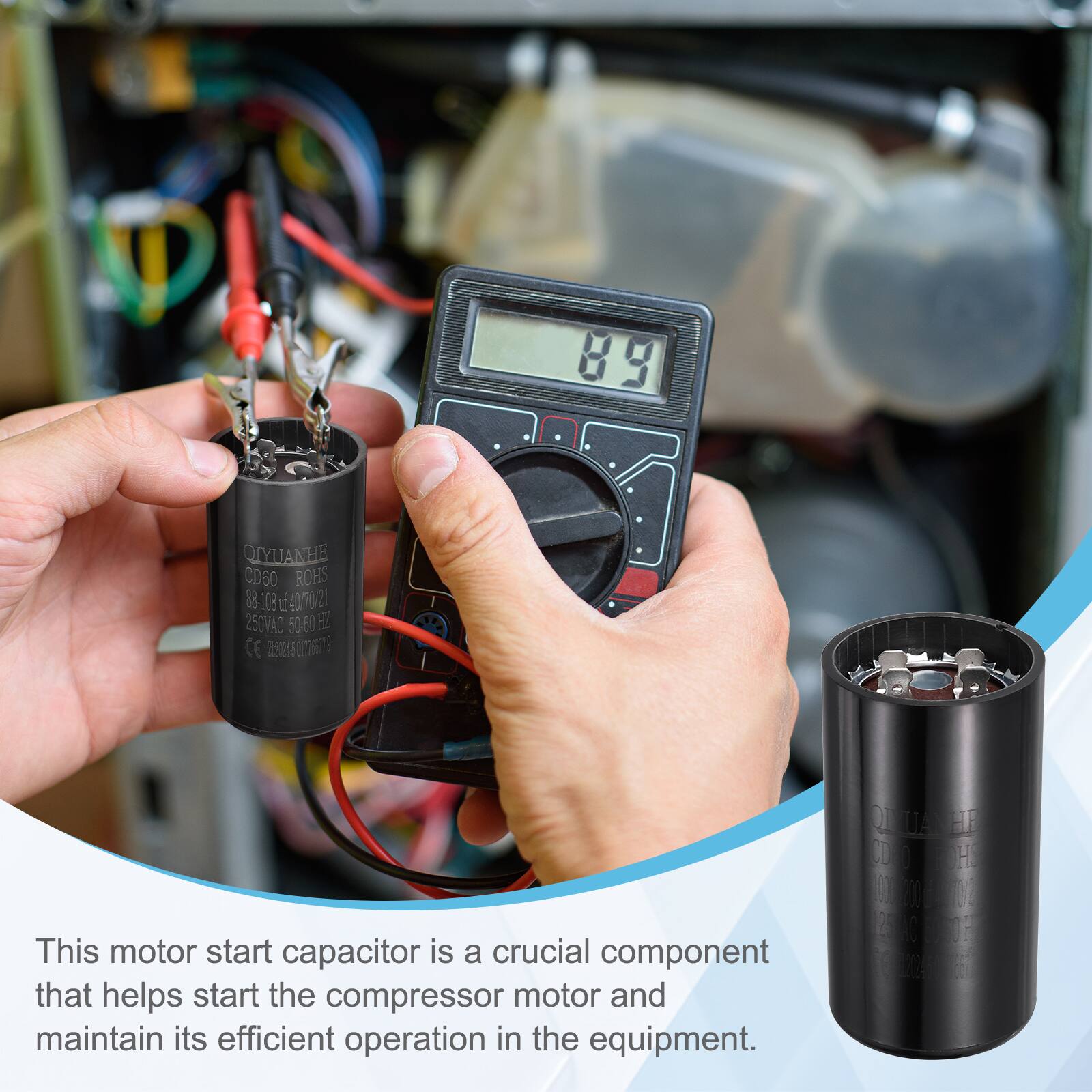 89 QIYUANHE CD60 ROHS 88-108 1 40/70 23 250VAD 50-60 FI CE

This motor start capacitor is a crucial component that helps start the compressor motor and maintain its efficient operation in the equipment.