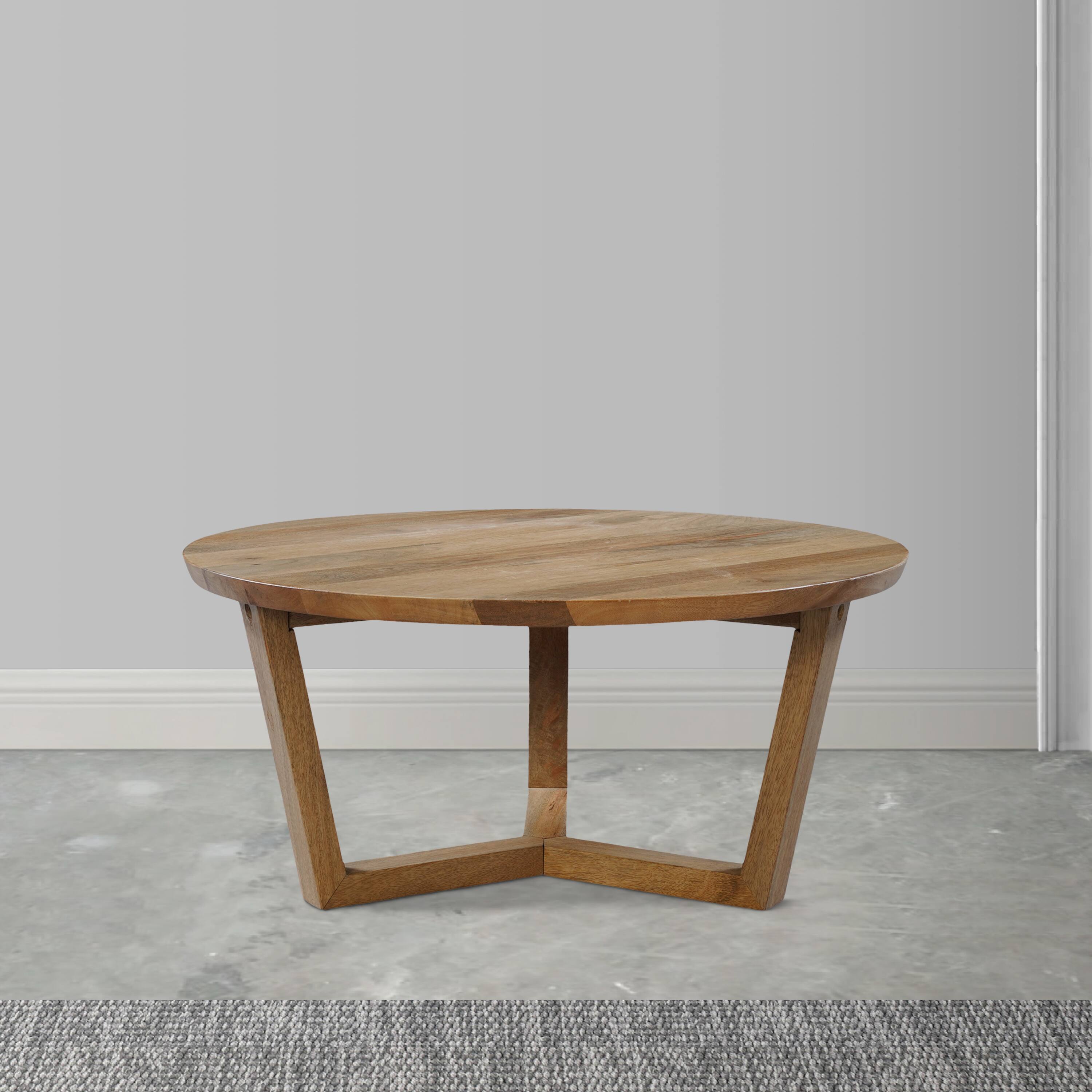 Alt View 8. Manhattan Lane - Vega 30 inch Round Mango Wood Coffee Table - Handcrafted Natural Brown, Sturdy 3-Leg Sled Base - Brown.