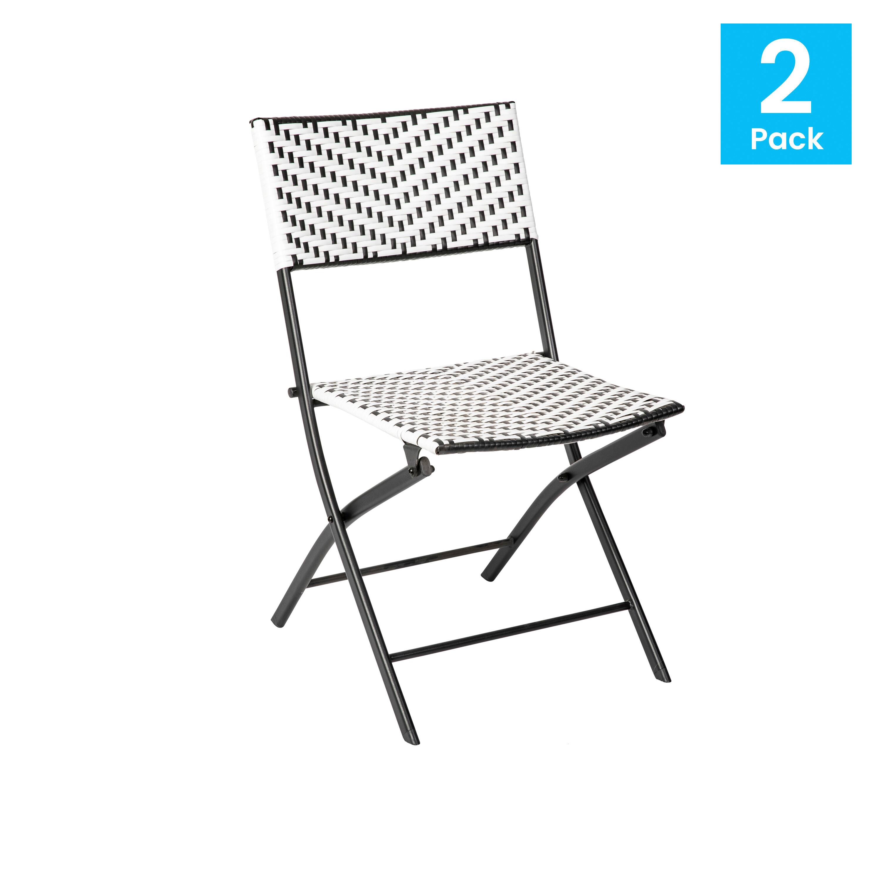 Alt View 1. Emma + Oliver - Ciel Set of Two Folding Bistro Chairs in PE Rattan with Metal Frames for Indoor and Outdoor Use - Black & White.