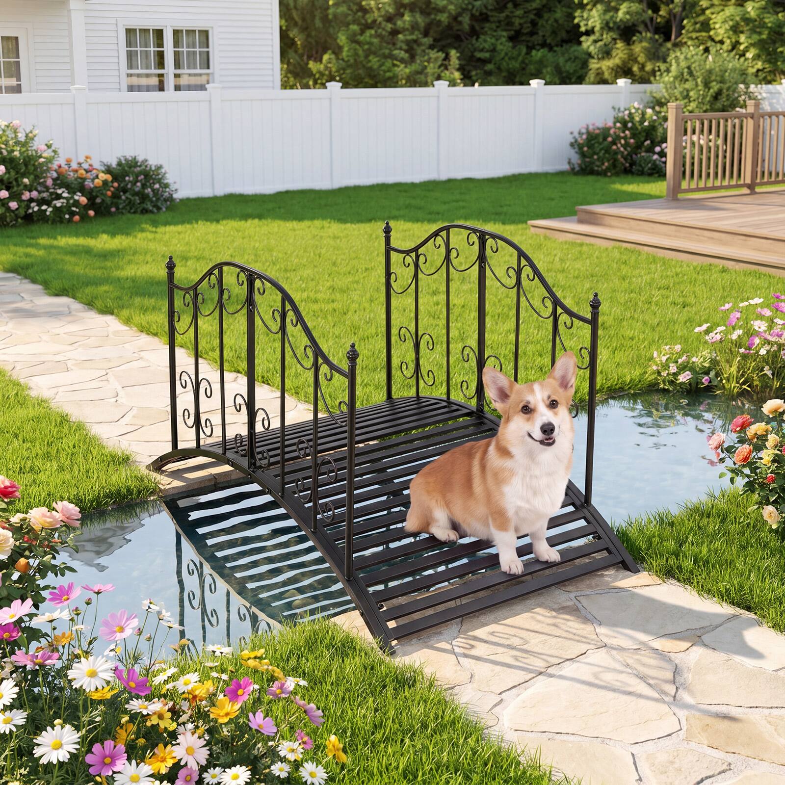 Alt View 4. Gymax - Gymax 3.9 ft Garden Metal Bridge Outdoor Arched Bridge w/Dual Patterned Side Rails - Black.