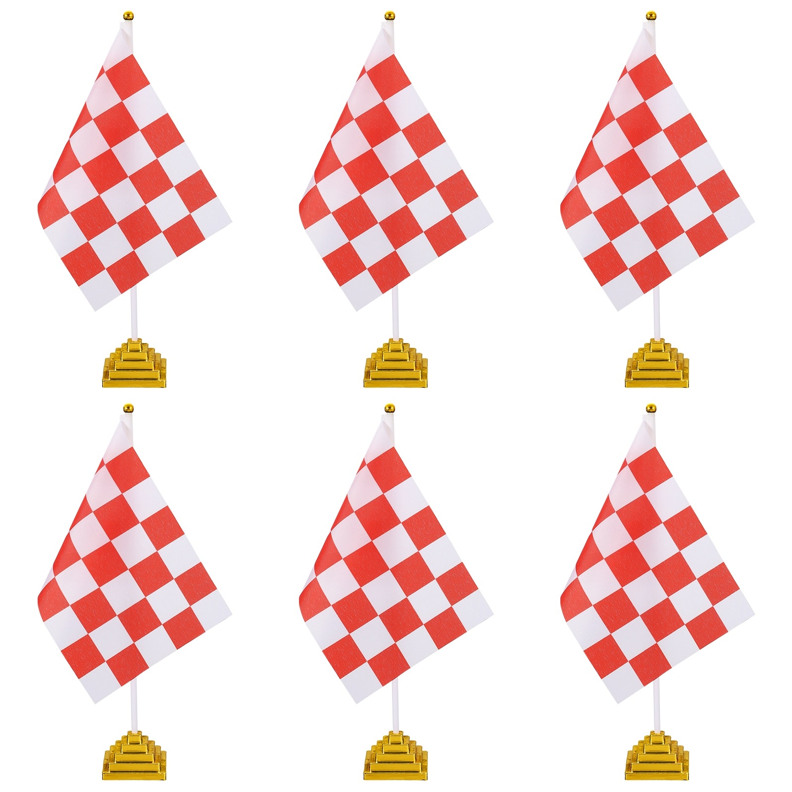 Unique Bargains - 6pcs 12" R/W Checkered Table Flag for Racing/Sport Party, White Plastic Stick & Gold Square Base - Red and White Flag, Gold Base