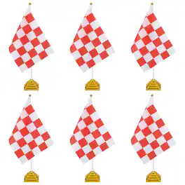 Unique Bargains - 6pcs 12" R/W Checkered Table Flag for Racing/Sport Party, White Plastic Stick & Gold Square Base - Red and White Flag, Gold Base