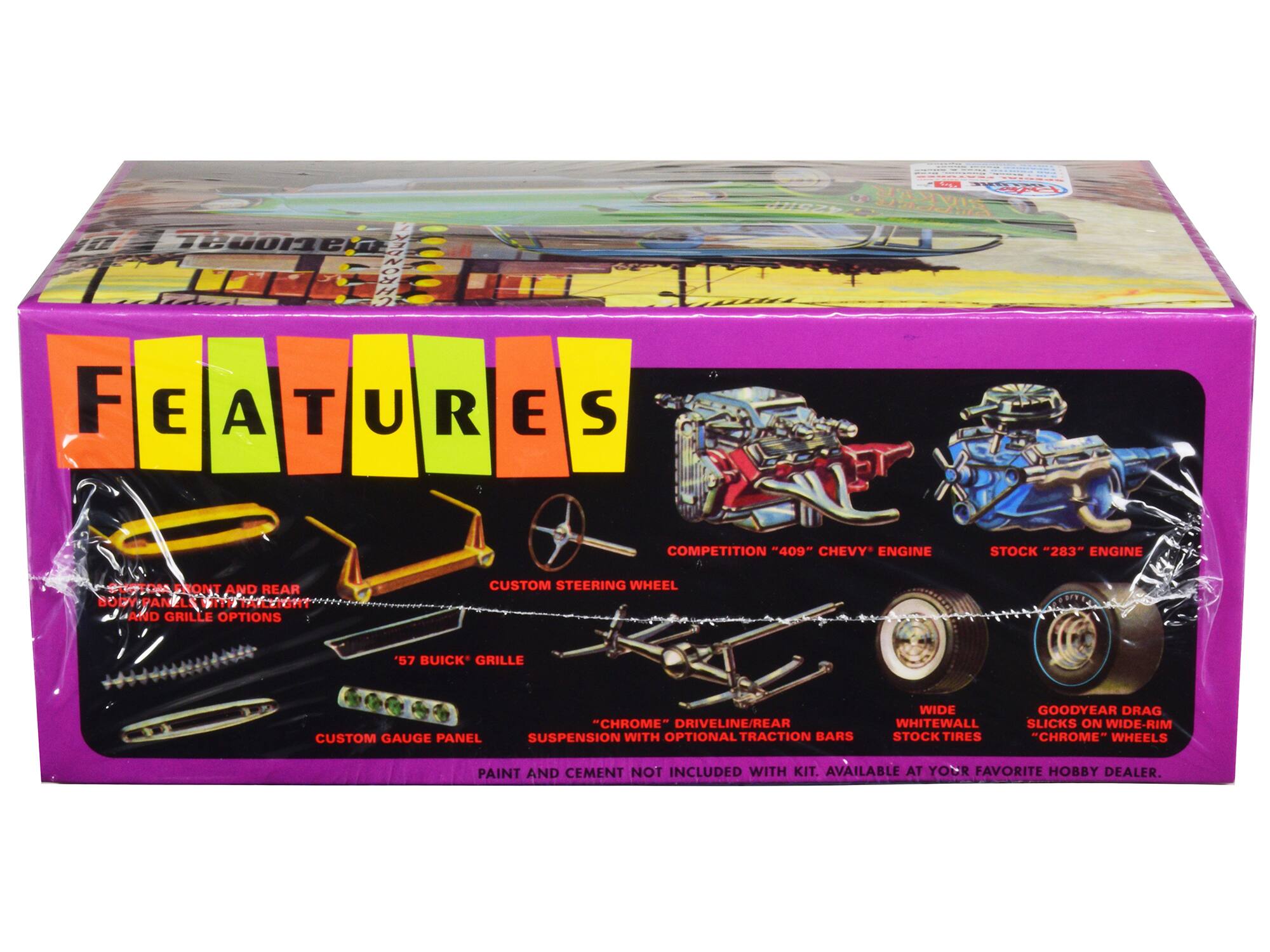 **Features**

- **Front and Rear Bumpers**
- **Custom Steering Wheel**
- **57 Buick Grille**
- **Custom Gauge Panel**
- **Competition "409" Chevy Engine**
- **Stock "283" Engine**
- **"Chrome" Driveline/Rear Suspension with Optional Traction Bars**
- **Wide Whitewall Stock Tires**
- **Goodyear Drag Slicks on Wide-Rim "Chrome" Wheels**
- **Paint and Cement Not Included with Kit. Available at Your Favorite Hobby Dealer.**