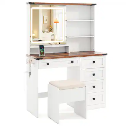 Front. Gymax - Gymax Farmhouse Vanity Set w/ Mirror and Lights Dressing Table & Chair Set - White, Dark Brown.
