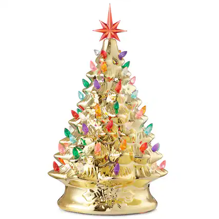 Front. Casafield - 15-in Hand Painted Ceramic Christmas Tree - Pre-Lit Tree with Star - Gold.