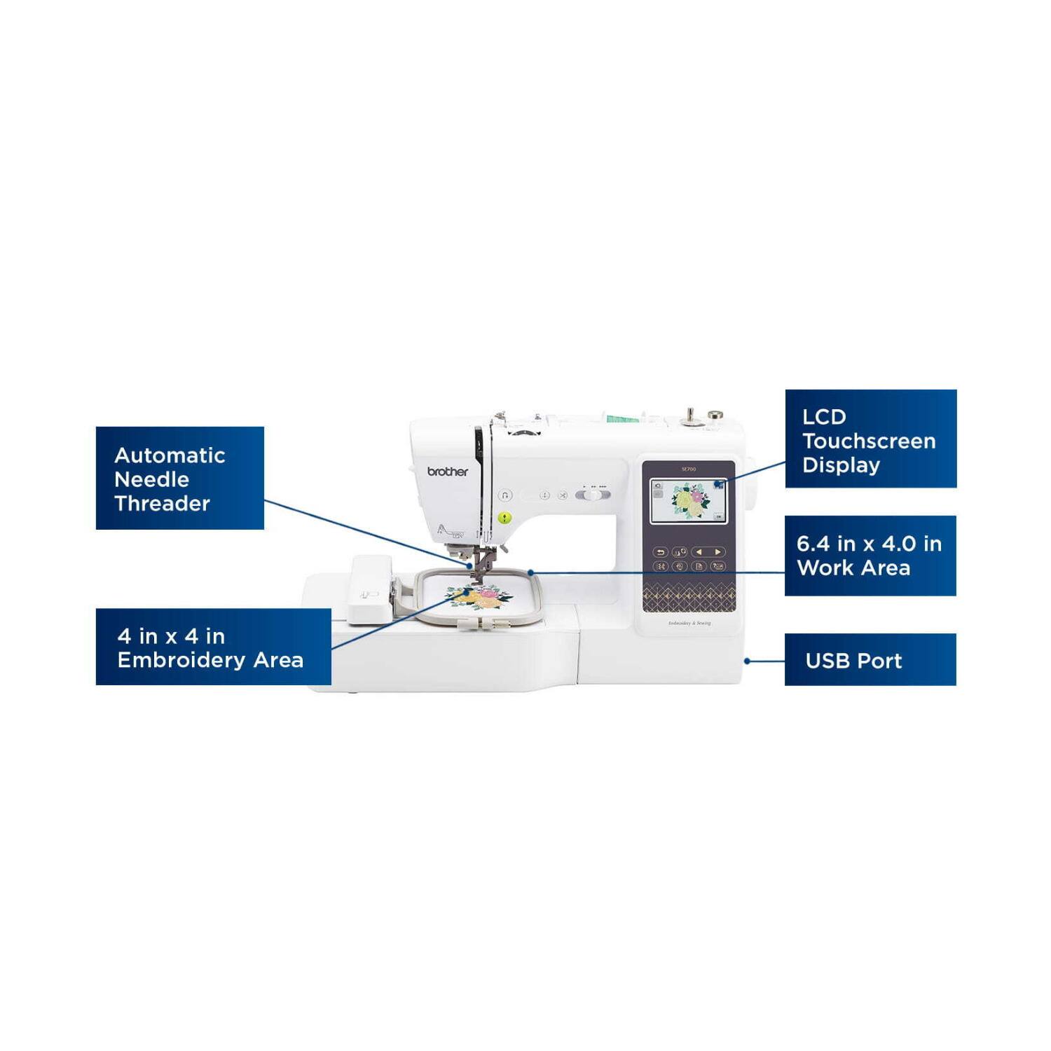 Automatic Needle Threading  
LCD Touchscreen Display  
6.4 in x 4.0 in Work Area  
4 in x 4 in Embroidery Area  
USB Port