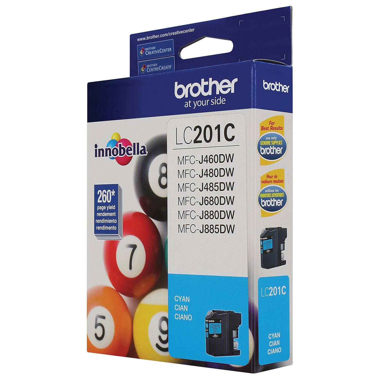 www.brother.com/creativecenter  
BDER CREATIVECENTER  
BRTH CENTRECREATIF  

brother at your side  

For Best Results use only GENUINE SUPPLIES brother  

innobella  
LC201C  
MFC-J460DW  
MFC-J480DW  
MFC-J485DW  
MFC-J680DW  
MFC-J880DW  
MFC-J885DW  

260* page yield  
rendement  
rendimiento  
rendimento  

CYAN  
CIAN  
CIANO  

LC201C  
CYAN  
CIAN  
CIANO  

Pour de meilleurs résultats  
use only GENUINE SUPPLIES brother