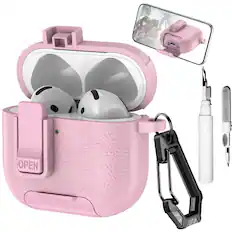 Front. Dteck - Earphone Case for Apple Airpods 4th Gen with Phone Holder & Keychain,Leather Texture Earbuds Cover for Man Women - Pink.