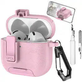 Dteck - Earphone Case for Apple Airpods 4th Gen with Phone Holder & Keychain,Leather Texture Earbuds Cover for Man Women - Pink