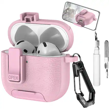 Front. Dteck - Earphone Case for Apple Airpods 4th Gen with Phone Holder & Keychain,Leather Texture Earbuds Cover for Man Women - Pink.