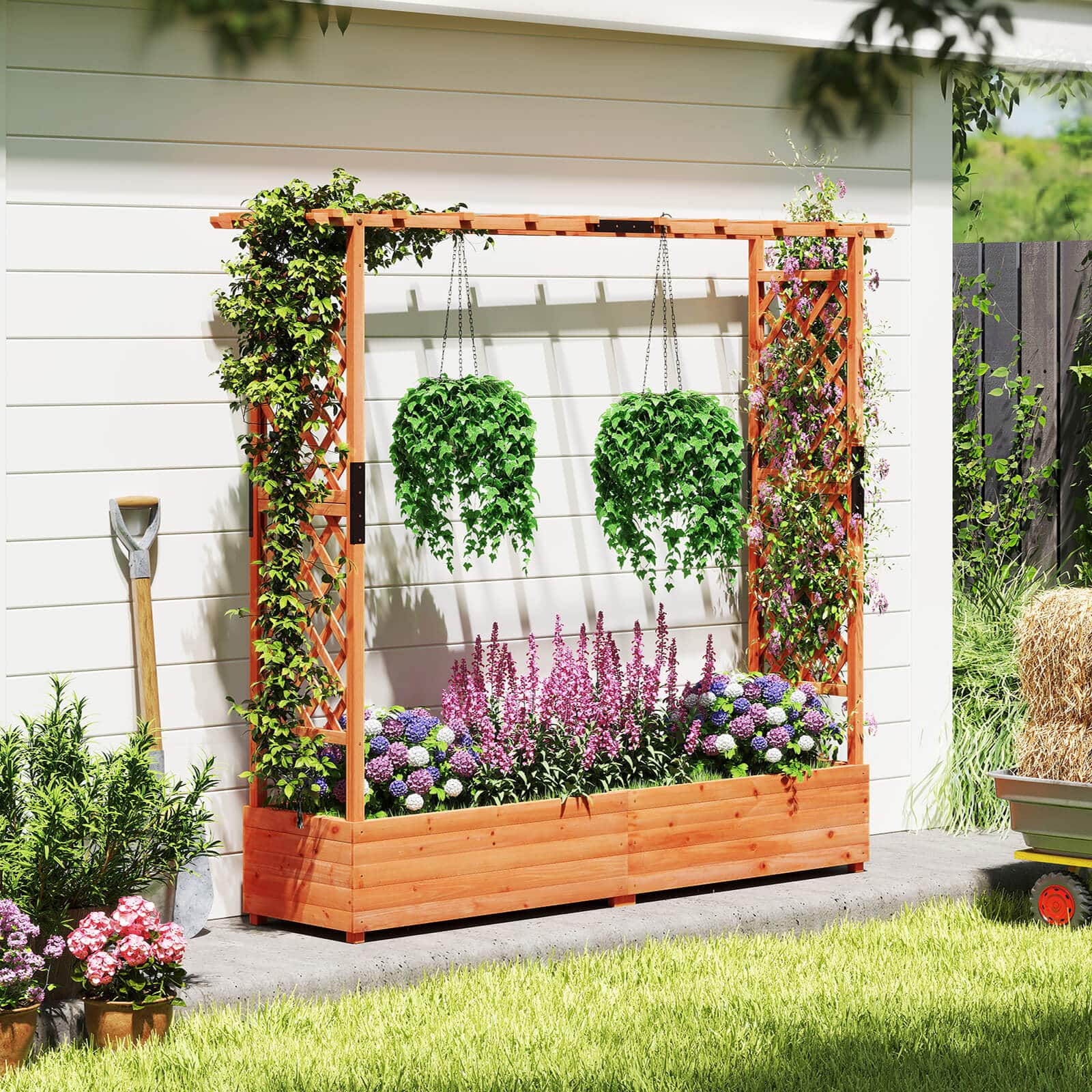Costway Raised Garden Bed Planter Box w/ Side & Top Trellis for