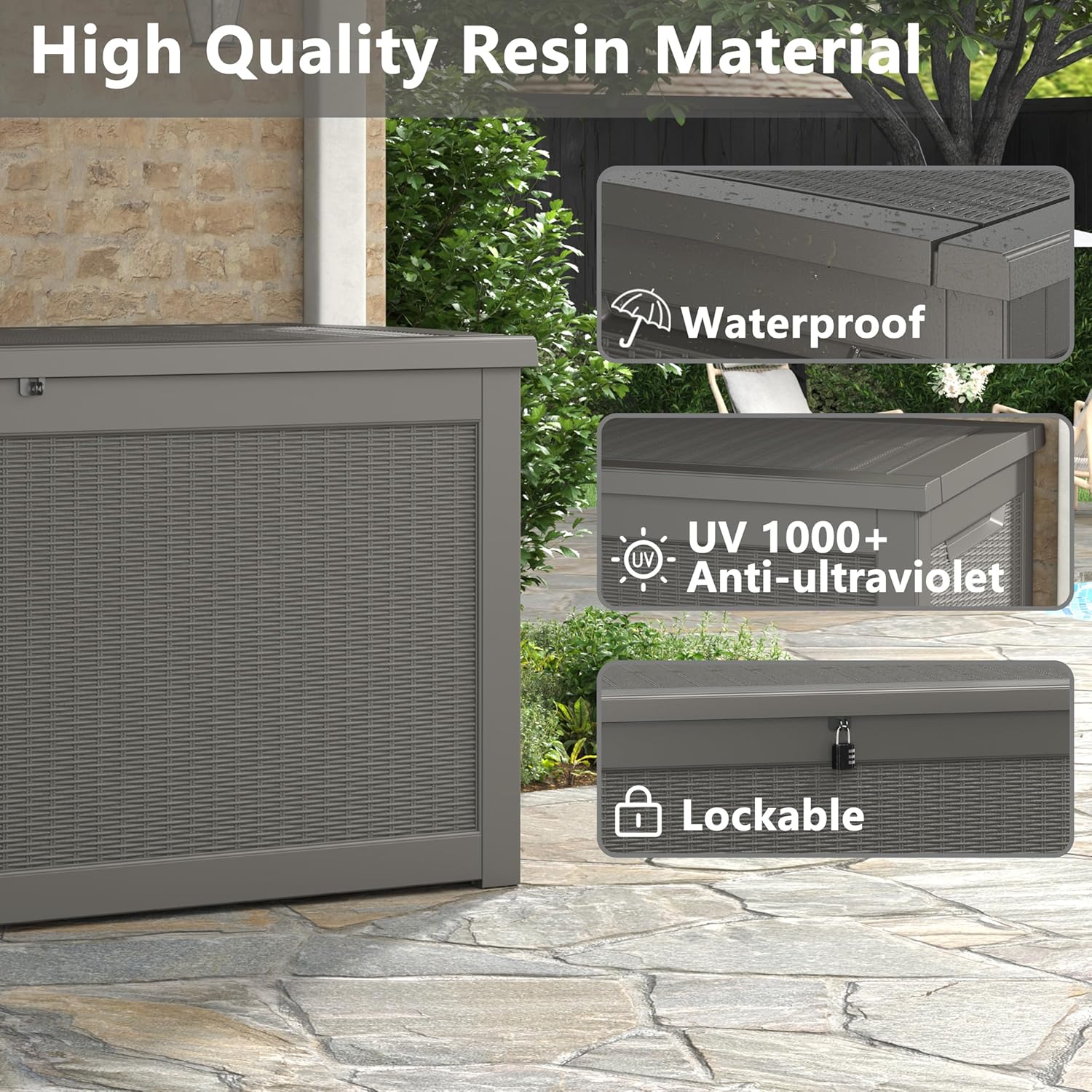 High Quality Resin Material  
Waterproof  
UV 1000+  
Anti-ultraviolet  
Lockable