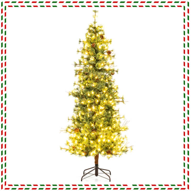 WELLFOR - 7 ft Prelit Artificial Hinged Christmas Tree with Warm‑White Lights,502 Full Branch Tips &28 Natural Pine Cones - Green